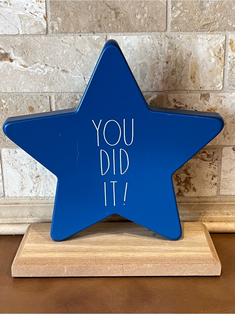 Blue Metal Star 'You Did It!' Decorative Plaque w/ Wood Stand
